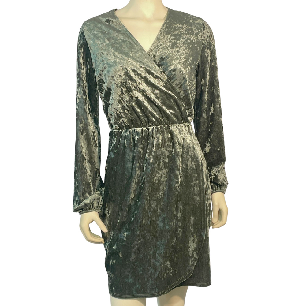 Andree Sz L Wrap Dress Bishop Sleeves Moss Green Velvet Fairycore Whimsygoth